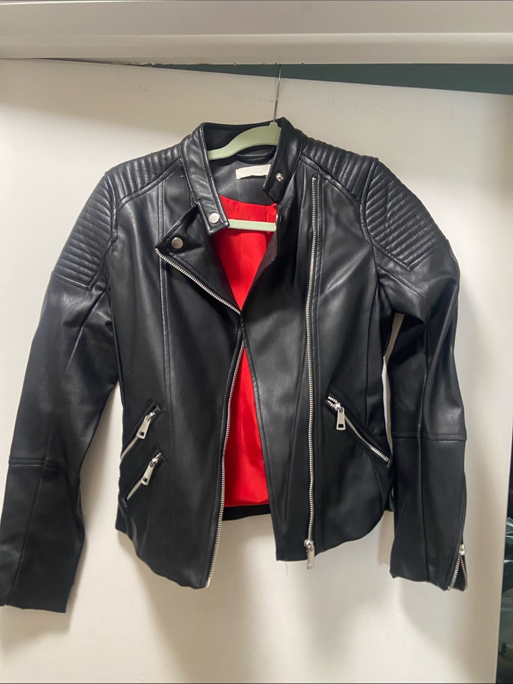 H&M Black Faux Leather Moto Jacket with Red Lining